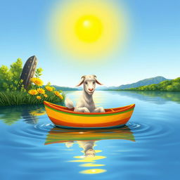 A whimsical scene depicting a goat calmly sitting in a small boat, gliding across a serene lake