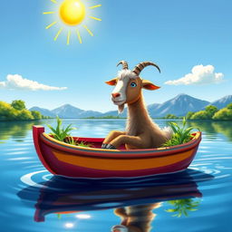A whimsical scene depicting a goat calmly sitting in a small boat, gliding across a serene lake