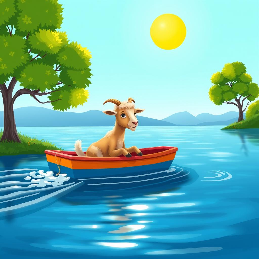 A whimsical scene depicting a goat calmly sitting in a small boat, gliding across a serene lake