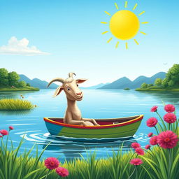 A whimsical scene depicting a goat calmly sitting in a small boat, gliding across a serene lake