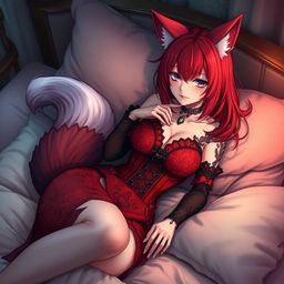A sexy gothic anime girl depicted as a Kitsune, featuring vibrant red shoulder-length hair that beautifully frames her face