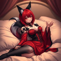 A sexy gothic anime girl depicted as a Kitsune, featuring vibrant red shoulder-length hair that beautifully frames her face