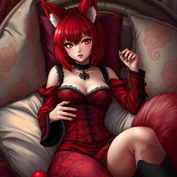 A sexy gothic anime girl depicted as a Kitsune, featuring vibrant red shoulder-length hair that beautifully frames her face