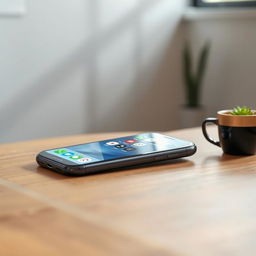 A stunning new iPhone placed elegantly on a stylish wooden table