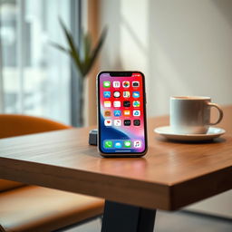 A stunning new iPhone placed elegantly on a stylish wooden table