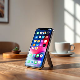 A stunning new iPhone placed elegantly on a stylish wooden table