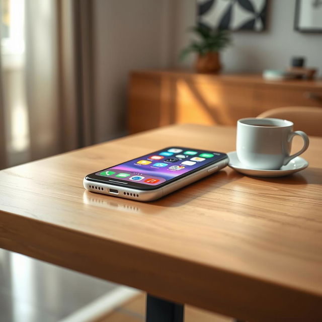 A stunning new iPhone placed elegantly on a stylish wooden table