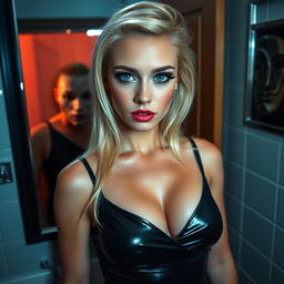 A stunning 19-year-old blonde woman with crystal blue eyes stands before a bathroom mirror, her expression a mix of beauty and fear