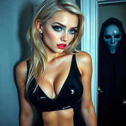 A stunning 19-year-old blonde woman with crystal blue eyes stands before a bathroom mirror, her expression a mix of beauty and fear
