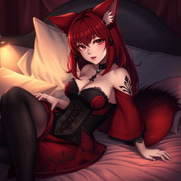 A sexy gothic anime girl depicted as a Kitsune, featuring striking red shoulder-length hair that adds to her allure