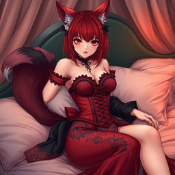 A sexy gothic anime girl depicted as a Kitsune, featuring striking red shoulder-length hair that adds to her allure