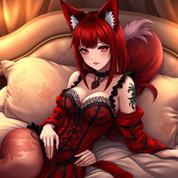 A sexy gothic anime girl depicted as a Kitsune, featuring striking red shoulder-length hair that adds to her allure