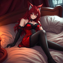 A sexy gothic anime girl depicted as a Kitsune, featuring striking red shoulder-length hair that flows elegantly