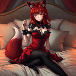 A sexy gothic anime girl depicted as a Kitsune, featuring striking red shoulder-length hair that flows elegantly