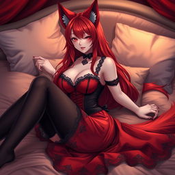 A sexy gothic anime girl depicted as a Kitsune, featuring striking red shoulder-length hair that flows elegantly