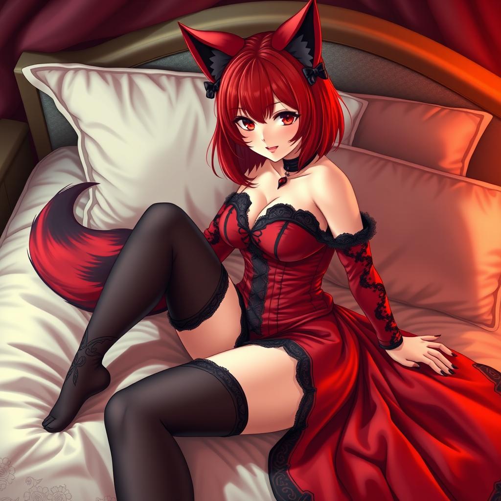 A sexy gothic anime girl depicted as a Kitsune, featuring striking red shoulder-length hair that flows elegantly