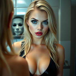 A beautiful 19-year-old blonde woman with captivating crystal blue eyes stands before a bathroom mirror