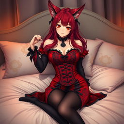 A sexy gothic anime girl portrayed as a Kitsune, displaying striking red shoulder-length hair that cascades around her shoulders