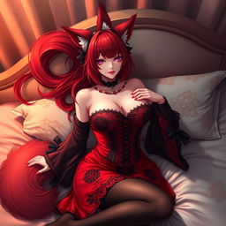 A sexy gothic anime girl portrayed as a Kitsune, displaying striking red shoulder-length hair that cascades around her shoulders
