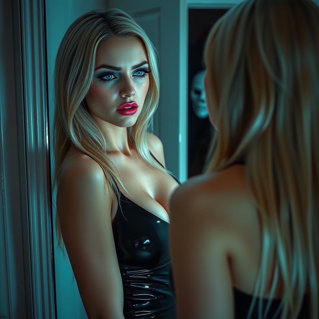 A stunning 19-year-old blonde woman with crystal blue eyes stands in front of a bathroom mirror, captivated by her reflection