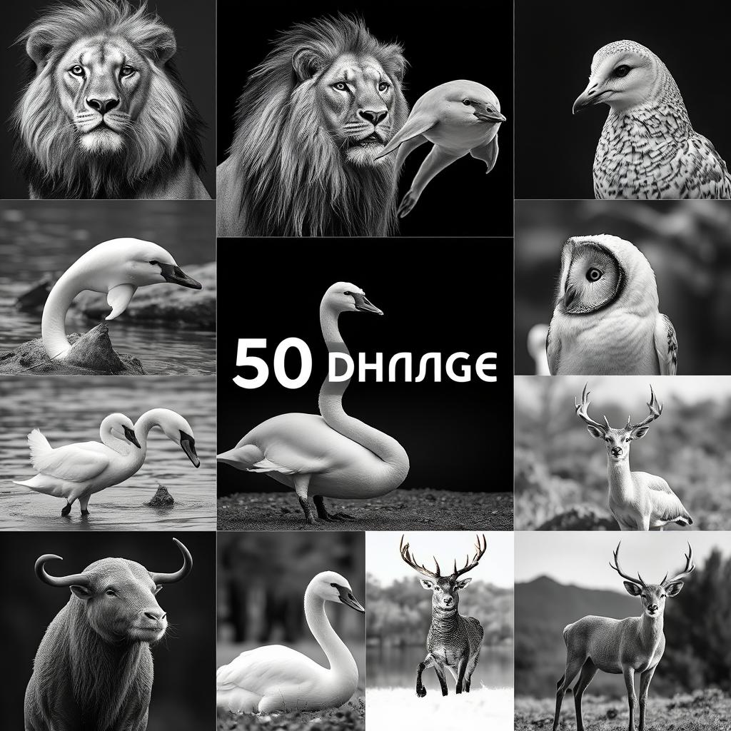 A collection of 50 stunning images showcasing various animals, all in a striking black and white aesthetic