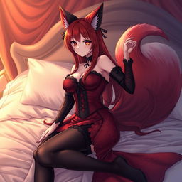 A sexy gothic anime girl illustrated as a Kitsune, featuring alluring long red hair that flows gracefully down her back