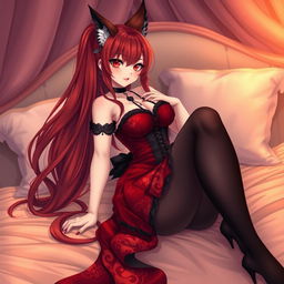A sexy gothic anime girl illustrated as a Kitsune, featuring alluring long red hair that flows gracefully down her back
