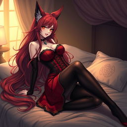 A sexy gothic anime girl illustrated as a Kitsune, featuring alluring long red hair that flows gracefully down her back