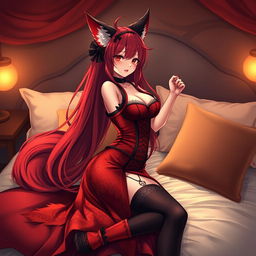 A sexy gothic anime girl illustrated as a Kitsune, featuring alluring long red hair that flows gracefully down her back