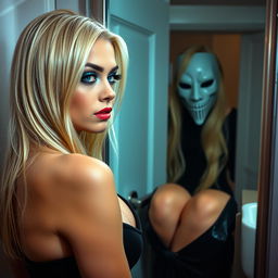 A stunning 19-year-old blonde woman with crystal blue eyes stands in front of a bathroom mirror, captivated by her reflection