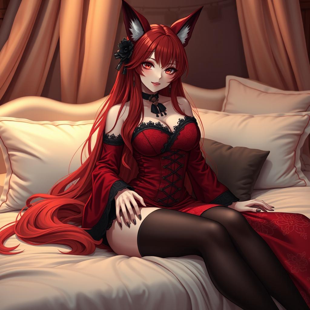 A sexy gothic anime girl portrayed as a Kitsune, featuring long, flowing red hair that cascades elegantly down her back