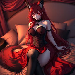 A sexy gothic anime girl portrayed as a Kitsune, featuring long, flowing red hair that cascades elegantly down her back