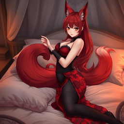 A sexy gothic anime girl portrayed as a Kitsune, featuring long, flowing red hair that cascades elegantly down her back