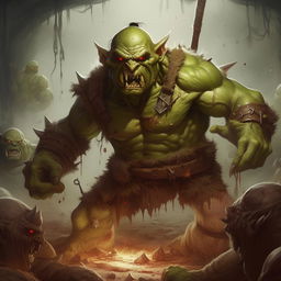 Display a tense battle scene: the orc, Matt engaging with slimes, the odds greatly against him with a 70% chance of a mortal wound and only a 30% chance of victory.