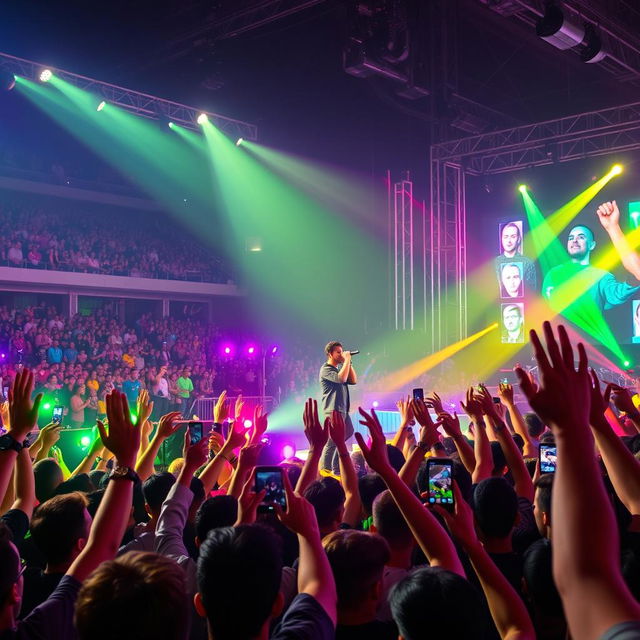 A vibrant concert scene featuring Amir Tataloo, a famous Iranian singer, performing energetically on stage in Tehran