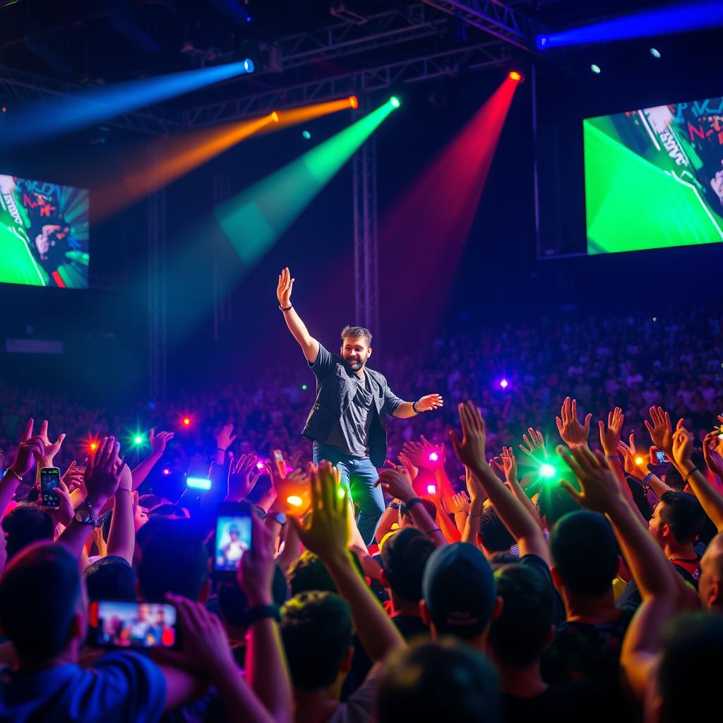 A vibrant concert scene featuring Amir Tataloo, a famous Iranian singer, performing energetically on stage in Tehran