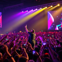 A vibrant concert scene featuring Amir Tataloo, a famous Iranian singer, performing energetically on stage in Tehran