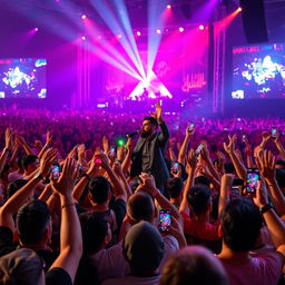 A vibrant concert scene featuring Amir Tataloo, a famous Iranian singer, performing energetically on stage in Tehran