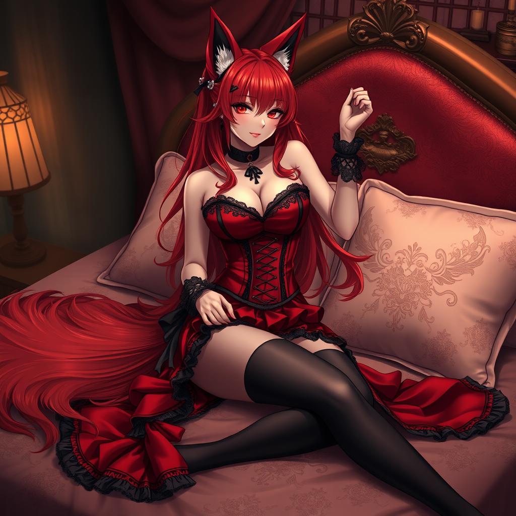 A sexy gothic anime girl depicted as a Kitsune, featuring long, flowing red hair that elegantly falls around her