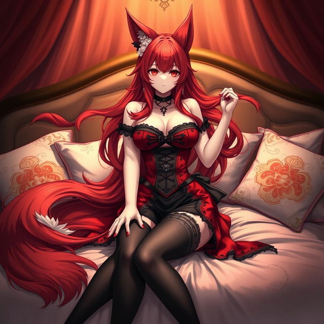 A sexy gothic anime girl depicted as a Kitsune, featuring long, flowing red hair that elegantly falls around her