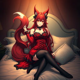 A sexy gothic anime girl depicted as a Kitsune, featuring long, flowing red hair that elegantly falls around her
