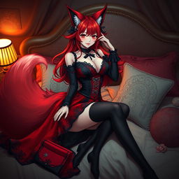 A sexy gothic anime girl depicted as a Kitsune, featuring long, flowing red hair that elegantly falls around her