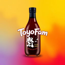A vibrant and eye-catching poster featuring a creatively designed bottle of soy sauce in the center, with a rich dark brown color and a glossy finish
