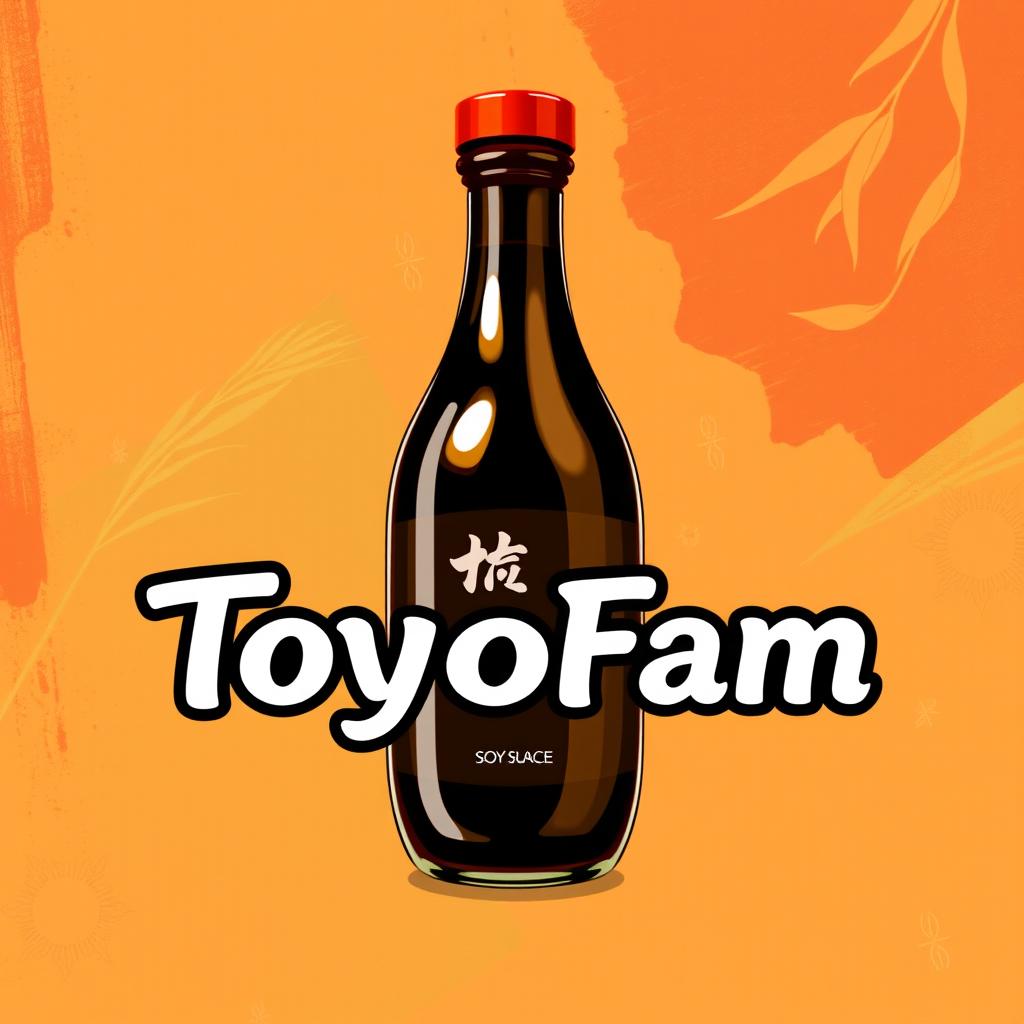 A vibrant and eye-catching poster featuring a creatively designed bottle of soy sauce in the center, with a rich dark brown color and a glossy finish