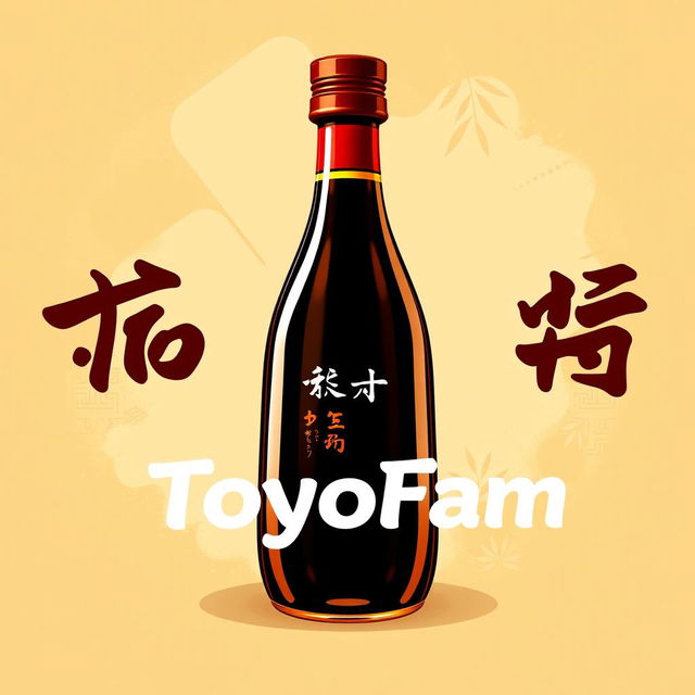 A vibrant and eye-catching poster featuring a creatively designed bottle of soy sauce in the center, with a rich dark brown color and a glossy finish