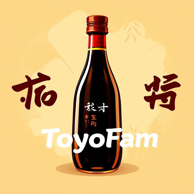 A vibrant and eye-catching poster featuring a creatively designed bottle of soy sauce in the center, with a rich dark brown color and a glossy finish