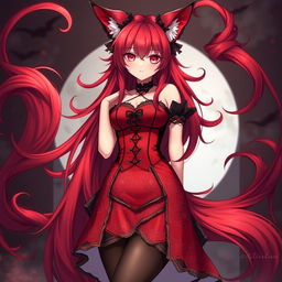 A captivating gothic anime girl depicted as a Kitsune, featuring stunning long red hair that flows elegantly around her