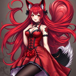 A captivating gothic anime girl depicted as a Kitsune, featuring stunning long red hair that flows elegantly around her