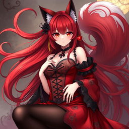A captivating gothic anime girl depicted as a Kitsune, featuring stunning long red hair that flows elegantly around her
