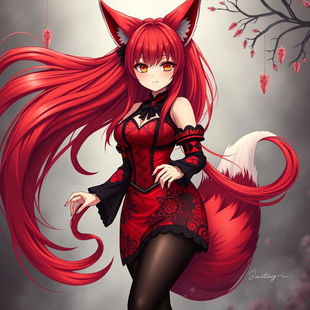 A captivating gothic anime girl depicted as a Kitsune, featuring stunning long red hair that flows elegantly around her